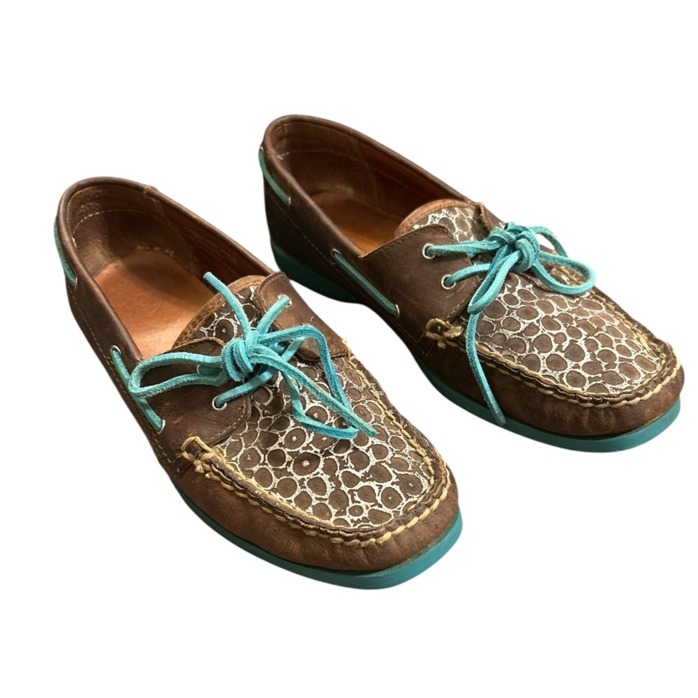 Thrashed ARIAT Women's Palisade Brown Aqua Distressed Moccasins Boat Shoes Sz 9B